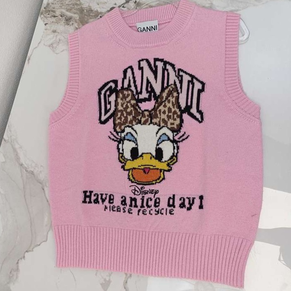 Ganni Pink Sleeveless Sweater with Graphic Design Daisy Duck